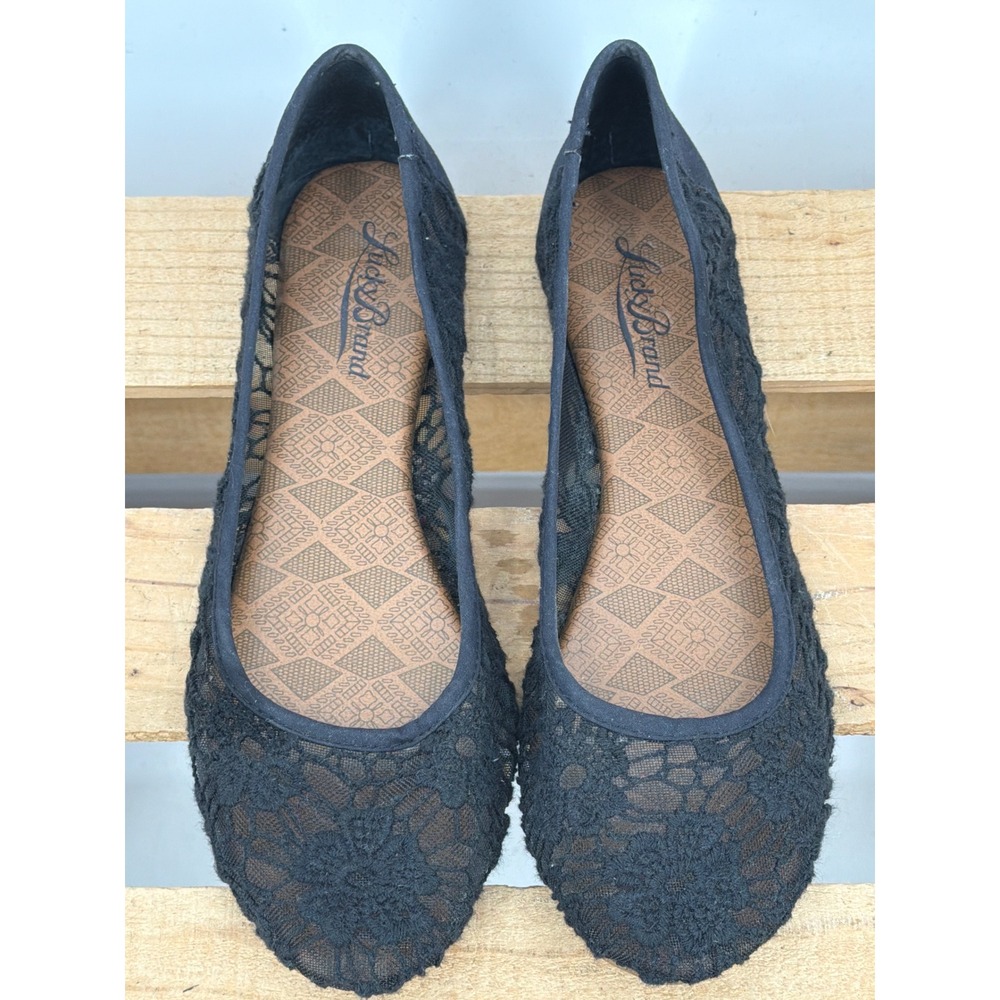 Lucky Brand Womens Black Floral Lace Mesh Ballet Flats Round Toe Slip On Sz 7.5M